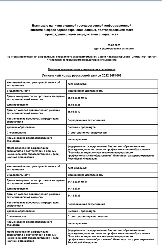 Аккредитация Салий Надежды Юрьевны